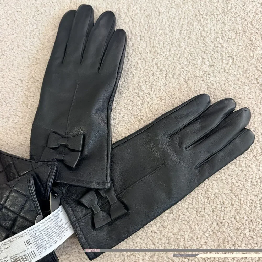 MoDA & Mango Women Black Leather Gloves 2 Pair Lot S S/M NWT Quilted Bow Luxury